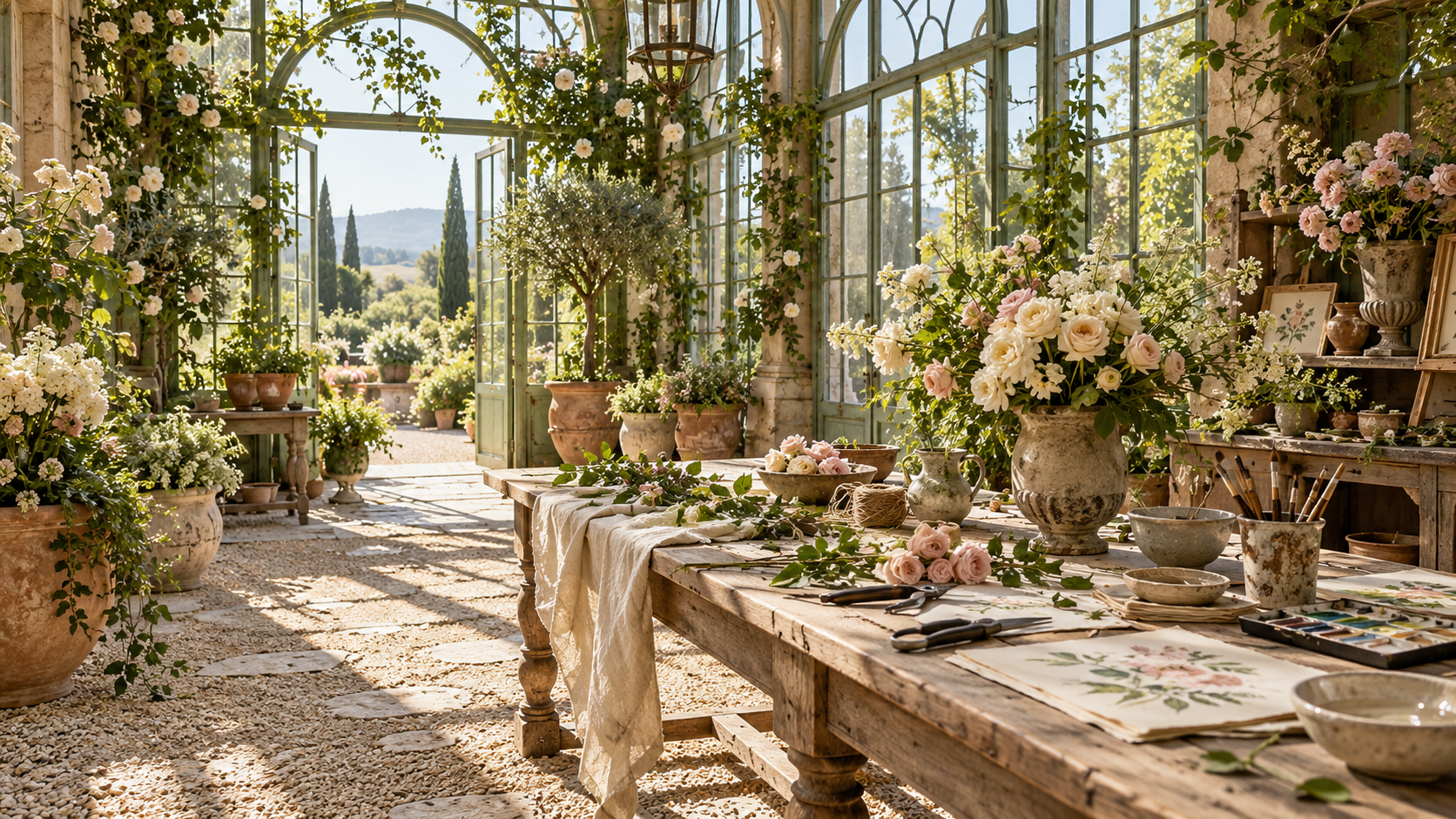 Aspirational French-country conservatory atelier with garden roses, greenery, linen, and a creative worktable